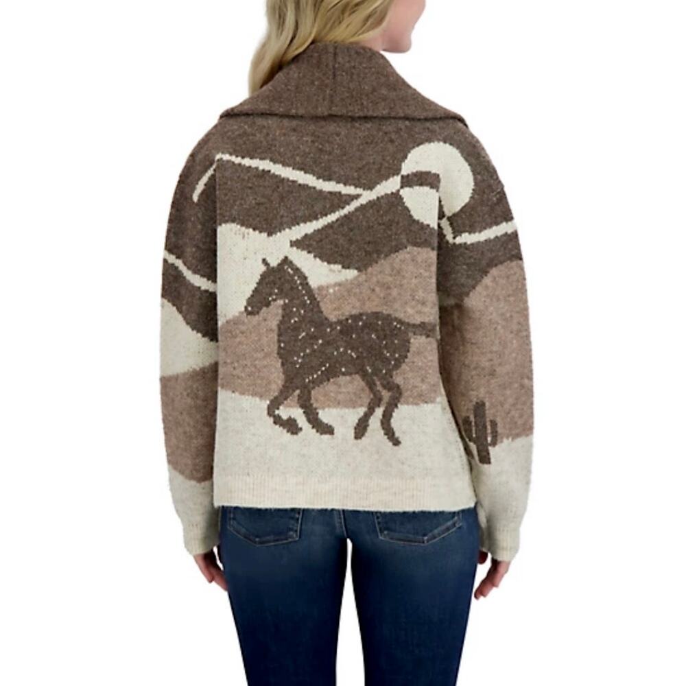 Lucky Brand Long Sleeve Horse Shawl Cardigan Neutral Brown NWT - Picture 4 of 10